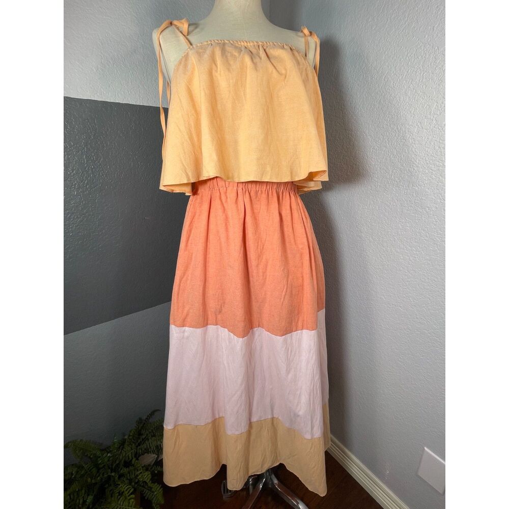 English Factory Color Block Tiered Maxi Dress Small Orange Pink Cottage Resort
